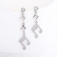 Boucles d'oreilles asymétriques, Argent sterling 925, note de musique, bijoux de mode & pavé de micro zircon & pour femme, protéger l'environnement, sans nickel, plomb et cadmium, 12x41mm, Vendu par paire