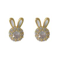 laiton boucle d oreille dormeuse, lapin, Placage de couleur d'or, bijoux de mode & pavé de micro zircon & pour femme, protéger l'environnement, sans nickel, plomb et cadmium, 14x9mm, Vendu par paire