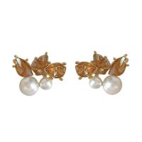 metal Pendiente Clip, con Cristal & Perlas plásticas, chapado en color dorado, Joyería & para mujer, Champaña, libre de níquel, plomo & cadmio, 14x17mm, Vendido por Par