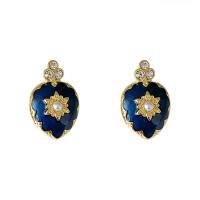 laiton Clip boucle d’oreille, Placage de couleur d'or, bijoux de mode & pour femme & émail & avec strass, bleu, protéger l'environnement, sans nickel, plomb et cadmium, 25x17mm, Vendu par paire