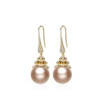 Boucles d'oreilles en alliage de zinc, avec Shell Pearl & strass, Rond, Placage de couleur d'or, bijoux de mode & pour femme, plus de couleurs à choisir, protéger l'environnement, sans nickel, plomb et cadmium, 14x42mm, Vendu par paire