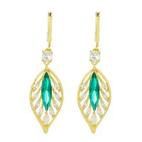 Boucles d'oreilles en laiton zircon cubique pavent, feuille, 14K rempli d’or, bijoux de mode & pavé de micro zircon & pour femme, doré, protéger l'environnement, sans nickel, plomb et cadmium, 46mm, Vendu par paire