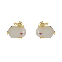 laiton Clip boucle d’oreille, avec Jade, lapin, Placage de couleur d'or, bijoux de mode & pour femme, blanc, protéger l'environnement, sans nickel, plomb et cadmium, 17x15mm, Vendu par paire