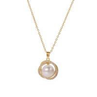 Roestvrij staal halskettingen, 304 roestvrij staal, met Plastic Pearl, met 1.77inch extender keten, mode sieraden & voor vrouw & met strass, gouden, 21mm, Per verkocht Ca 16.14 inch Strand