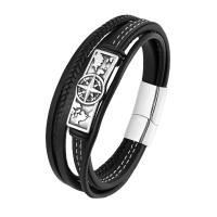 PU leder koord armbanden, met 316L roestvrij staal, Kompas, punk stijl & voor de mens, zwart, Lengte 21.5 cm, Verkocht door PC