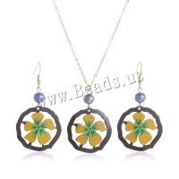 Ensemble de bijoux acrylique, boucle d'oreille & collier, avec perle de plastique, avec 5.5CM chaînes de rallonge, fleur, Impression, bijoux de mode & pour femme, couleurs mélangées, 34x65mm, Longueur Environ 63 cm, Vendu par fixé