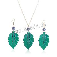 Ensemble de bijoux acrylique, boucle d'oreille & collier, avec perle de plastique, avec 5CM chaînes de rallonge, feuille, Impression, bijoux de mode & pour femme, vert, 28x75mm, Longueur Environ 67 cm, Vendu par fixé