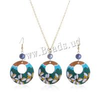 Ensemble de bijoux acrylique, boucle d'oreille & collier, avec perle de plastique, avec 5CM chaînes de rallonge, Rond, Impression, bijoux de mode & pour femme, couleurs mélangées, 33x65mm, Longueur Environ 63 cm, Vendu par fixé