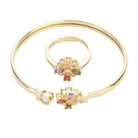 Gioielli Brass Set, bracciale bangle & anello dito, ottone, Farfalla, dissolvenza e mai di alta qualità placcato, Regolabile & stili diversi per la scelta & Micro spianare cubic zirconia & per la donna, dorato, Venduto da set