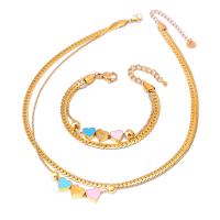 Sets de Joyas, Partículas de acero, con 1.97inch,1.57inch extender cadena, Corazón, chapado, Doble capa & diferentes estilos para la opción & para mujer & esmalte, dorado, longitud aproximado 15.75 Inch, aproximado 16.14 Inch, aproximado 6.3 Inch, Vendido por UD