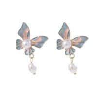 Zinc Alloy Drop Earring, met Plastic Pearl, Vlinder, gold plated, voor vrouw & glazuur, 25x40mm, Verkocht door pair