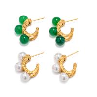 Roestvrij staal Stud Earrings, 304 roestvrij staal, met Groene Agaat & Plastic Pearl, 18K verguld, mode sieraden & verschillende materialen voor de keuze & voor vrouw, gouden, Verkocht door pair