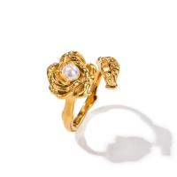 Anillo de dedo de acero inoxidable, acero inoxidable 304, con Perlas plásticas, 18K chapado en oro, Joyería & para mujer, dorado, Vendido por UD