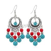 Pendientes de Aleación de Zinc, con turquesa, chapado en color de plata, Joyería & estilo popular & para mujer & hueco, color mixto, 35x70mm, Vendido por Par