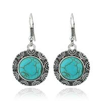 Boucles d'oreilles en alliage de zinc, avec turquoise, Rond, Placage de couleur argentée, bijoux de mode & pour femme, bleu, 17x37mm, Vendu par paire