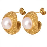 Titanium Steel  Earring with Plastic Pearl Vacuum Ion Plating fashion jewelry & for woman Sold By Pair