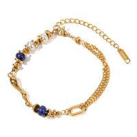 Stainless Steel Jewelry Bracelet 304 Stainless Steel with Lapis Lazuli & Glass Pearl with 2.17inch extender chain Vacuum Ion Plating fashion jewelry & for woman golden Sold Per Approx 6.69 Inch Strand