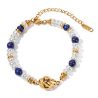 Bransoleta ze stali nierdzewnej, Stal nierdzewna 304, ze Lapis Lazuli & Perła szklana, ze 2.17inch przedłużeniami łańcuszka, Pozłacane 18K, biżuteria moda & dla kobiety, złoty, sprzedawane na około 7.09 cal Strand