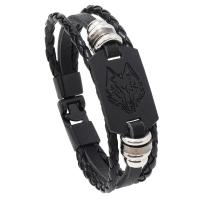 PU Leather Cord Bracelets with Copper Coated Plastic & Zinc Alloy Wolf handmade punk style & for man black Length 22 cm Sold By PC