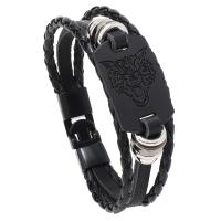 Bracelets cordon PU, cuir PU, avec plastique revêtu de cuivre & alliage de zinc, loup, fait à la main, le style de punk & pour homme, noire, Longueur 22 cm, Vendu par PC