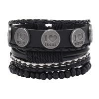 Bracelets cordon PU, cuir PU, avec corde de cire & alliage de zinc, fait à la main, 4 pièces & unisexe & réglable, noire, Longueur Environ 18-23 cm, Vendu par fixé