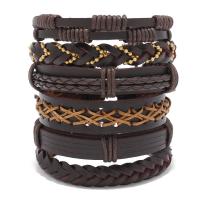 PU Leather Cord Bracelets with Wax Cord handmade 6 pieces & vintage & adjustable & for man brown Length Approx 18-23 cm Sold By Set