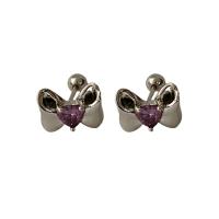 Messing Stud Earring, Bowknot, platin farve forgyldt, for kvinde & med rhinestone, flere farver til valg, 13x15mm, Solgt af par