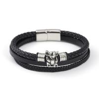 Bracelets cordon PU, cuir PU, avec Acier inoxydable 304, éléphant, Vintage & pour homme, noire, Longueur 21 cm, Vendu par PC