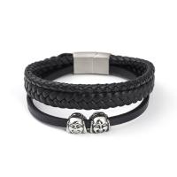 Bracelets cordon PU, cuir PU, avec Acier inoxydable 304, bouddha, Vintage & pour homme, noire, Longueur 21 cm, Vendu par PC