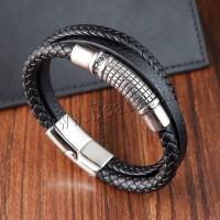 PU leder koord armbanden, met 304 roestvrij staal, gepolijst, Vintage & voor de mens, zwart, Lengte 21 cm, Verkocht door PC