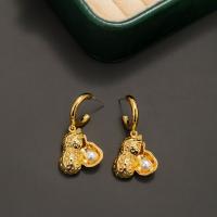 Pendientes de Gota en Latón, metal, con Perlas plásticas, Maní, chapado en color dorado, Vintage & Joyería & para mujer, Blanco, libre de níquel, plomo & cadmio, 20x40mm, Vendido por Par