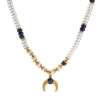 Roestvrij staal halskettingen, 304 roestvrij staal, met Lapis Lazuli & Glasparel, met 2.17inch extender keten, 18K verguld, mode sieraden & voor vrouw, Per verkocht Ca 14.96 inch Strand