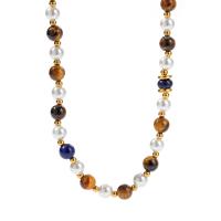 Roestvrij staal halskettingen, 304 roestvrij staal, met Lapis Lazuli & Tiger Eye & Glasparel, 18K verguld, mode sieraden & voor vrouw, Per verkocht Ca 14.17 inch Strand