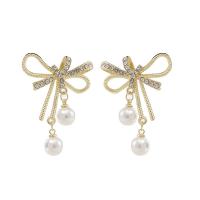 Sinc Alloy Buail Earring, le Pearl Plaisteacha, Bowknot, dath an óir plated, do bhean & le rhinestone & log, 30x45mm, Díolta De réir Péire