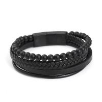 cuir PU bracelet, avec Pierre naturelle & Acier inoxydable 304, Vintage & différents matériaux pour le choix & pour homme, noire, Longueur 21.5 cm, Vendu par PC