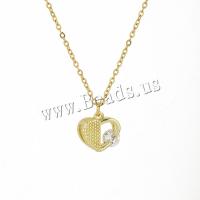 Collier d'acier titane, avec zircon cubique & laiton, coeur, Plaqué or 18K, bijoux de mode & pour femme, doré, Vendu par Environ 15.75 pouce brin