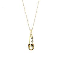 Evil Eye sieraden ketting, 304 roestvrij staal, met 1.97inch extender keten, Kilt Pin, mode sieraden & micro pave zirconia & voor vrouw, gouden, 34x10mm, Per verkocht Ca 15.75 inch Strand