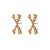 Roestvrij staal Stud Earrings, 304 roestvrij staal, Letter X, mode sieraden & voor vrouw & met strass, gouden, 19.20x9.60mm, Verkocht door pair