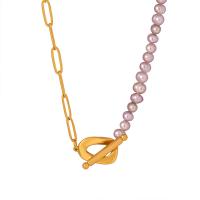 Acier titane collier, avec perle d'eau douce cultivée, avec 2inch chaînes de rallonge, Placage de couleur d'or, bijoux de mode & pour femme, Longueur Environ 16.5 pouce, Vendu par PC