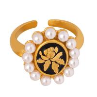 Titan Stål Cuff finger ring, med Plast Pearl, med blommönster & för kvinna & emalj, fler färger för val, Storlek:7, Säljs av PC