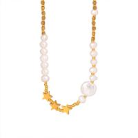 Acier titane collier, avec perle d'eau douce cultivée, avec 2.76inch chaînes de rallonge, étoile, Placage de couleur d'or, bijoux de mode & pour femme, Longueur Environ 15 pouce, Vendu par PC