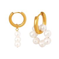 Acier titane Boucles d'oreilles asymétriques, avec perle d'eau douce cultivée, Placage de couleur d'or, bijoux de mode & pour femme & creux, 7x38mm,18x26mm, Vendu par paire