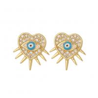 Evil Eye Earrings Brass Heart real gold plated micro pave cubic zirconia & for woman & enamel Sold By Pair