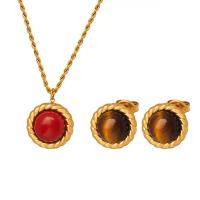 Titanium Steel Jewelry Set with Red Turquoise & Tiger Eye Round Vacuum Ion Plating & for woman Sold By PC