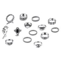 Sinc Alloy Ring Set, dath airgid antique plátáilte, 14 phíosa & unisex & micrea réiteach zirconia ciúbach & le rhinestone, Méid:3-7.5, Díolta De réir Socraigh