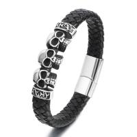 Pulseras de Cordón de PU, Cuero de PU, con acero inoxidable 304, Calavera, estilo punky & para hombre, Negro, longitud 21 cm, Vendido por UD