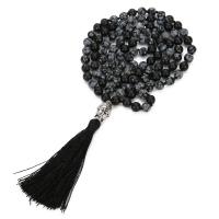 Fashion Fringe collier, obsidien flocon de neige, avec Cordon de noeud & alliage de zinc, glandpompon, Placage de couleur argentée, Vintage & bijoux de mode & unisexe, noire, 8mm,80mm,13x20mm, Longueur Environ 110 cm, Vendu par PC