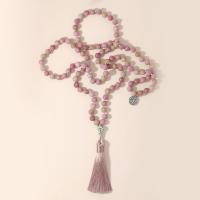 Fashion frynser halskæde, Rhodonite, med Knude ledning & Zinc Alloy, Tassel, sølvfarvet forgyldt, Vintage & mode smykker & Unisex, lyserød, 8mm,80mm, Længde Ca. 114.5 cm, Solgt af PC