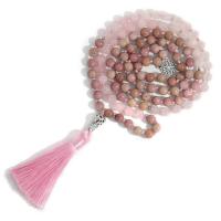 Fashion Fringe collier, quartz rose, avec Cordon de noeud & rhodonite & alliage de zinc, glandpompon, Placage de couleur argentée, Vintage & bijoux de mode & unisexe, rose, 8mm,80mm, Longueur Environ 114 cm, Vendu par PC