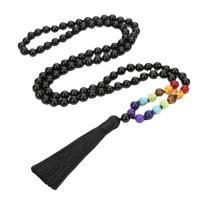 Fashion frynser halskæde, Sort Agate, med Knude ledning & Rainbow sten, Tassel, Vintage & mode smykker & Unisex, blandede farver, 8mm, Ca. 108pc'er/Strand, Solgt af Strand